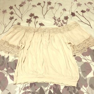 Tan off the shoulder blouse
